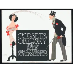 Affiche publicité Corsets Obersky Paris Berlin Klinger dandy haut-de-forme femme corset blanc noeuds rouges