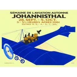 Affiche Semaine Aviation Johannisthal Julius Klinger Berlin biplan bleu passagers caricaturaux hauts-de-forme
