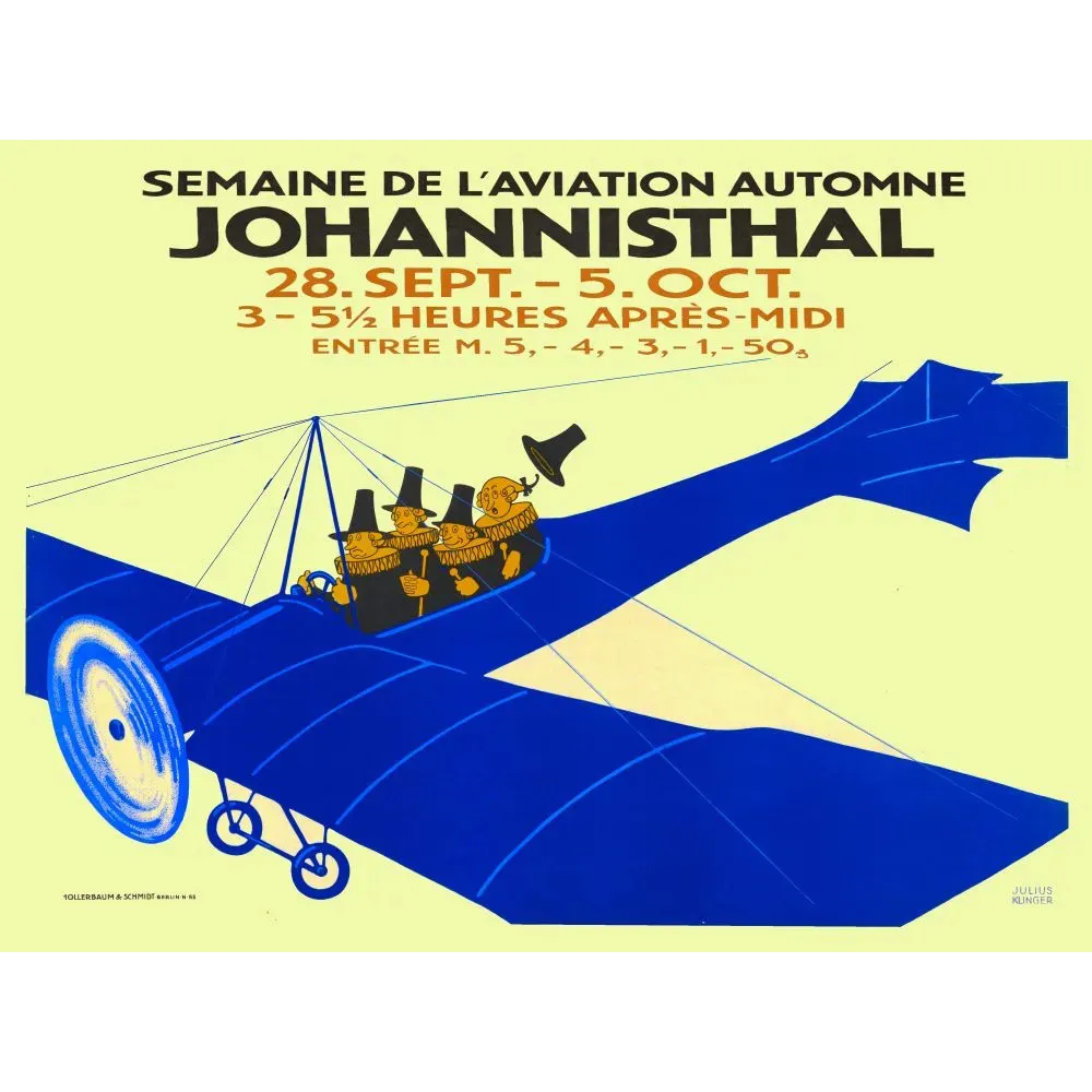 Affiche Semaine Aviation Johannisthal Julius Klinger Berlin biplan bleu passagers caricaturaux hauts-de-forme Affiche Semaine Aviation Johannisthal Julius Klinger Berlin biplan bleu passagers caricaturaux hauts-de-forme