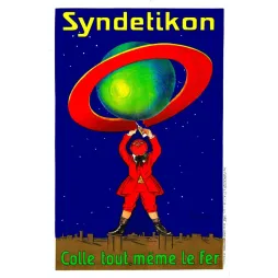 Affiche publicité Syndetikon colle tout Leonetto Cappiello personnage rouge planète Saturne fond bleu nuit étoilé