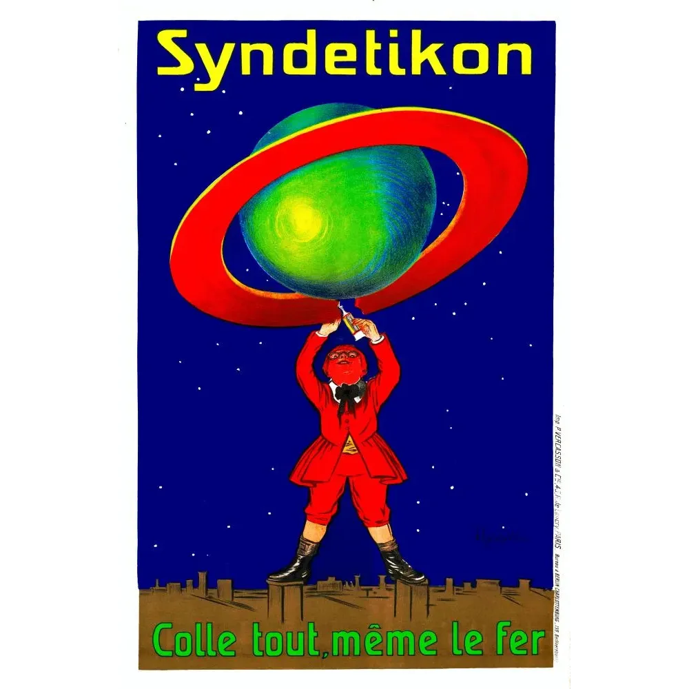 Affiche publicité Syndetikon colle tout Leonetto Cappiello personnage rouge planète Saturne fond bleu nuit étoilé Affiche publicité Syndetikon colle tout Leonetto Cappiello personnage rouge planète Saturne fond bleu nuit étoilé