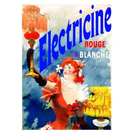 Affiche publicité Electricine Rouge Blanche lampes femme rousse robe rouge gants noirs XIXe siècle
