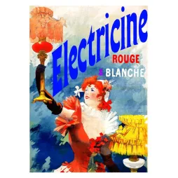 Affiche publicité Electricine Rouge Blanche lampes femme rousse robe rouge gants noirs XIXe siècle