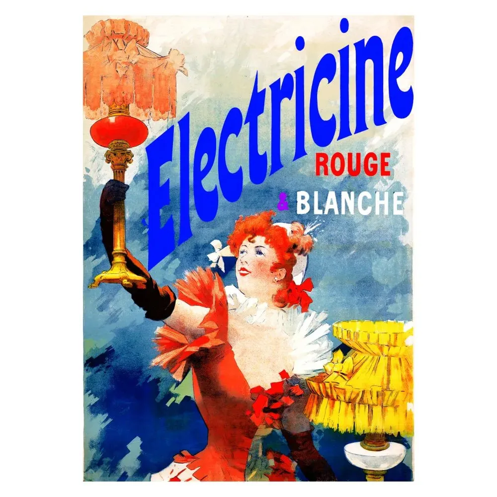 Affiche publicité Electricine Rouge Blanche lampes femme rousse robe rouge gants noirs XIXe siècle Affiche publicité Electricine Rouge Blanche lampes femme rousse robe rouge gants noirs XIXe siècle