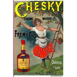Affiche publicité Chesky Cherry Whisky Fremy Fils Chalonnes-sur-Loire cueilleuse cerises échelle jupe rouge