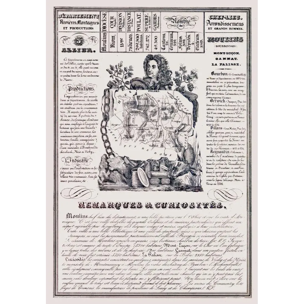 Document statistique département Allier n°5 Moulins portrait maréchal Villars carte Bourbonnais XIXe siècle Document statistique département Allier n°5 Moulins portrait maréchal Villars carte Bourbonnais XIXe siècle