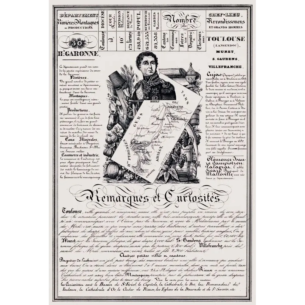 Document statistique département Haute-Garonne n°30 Toulouse portrait maréchal Soult carte Languedoc XIXe Document statistique département Haute-Garonne n°30 Toulouse portrait maréchal Soult carte Languedoc XIXe