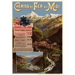 Affiche Chemins de Fer du Midi Pyrénées F. Hugo d'Alési Pic de Ger Eaux-Bonnes Luchon aquarelle