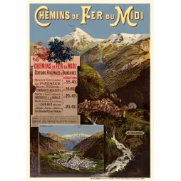 Affiche Chemins de Fer du Midi Pyrénées F. Hugo d'Alési Pic de Ger Eaux-Bonnes Luchon aquarelle