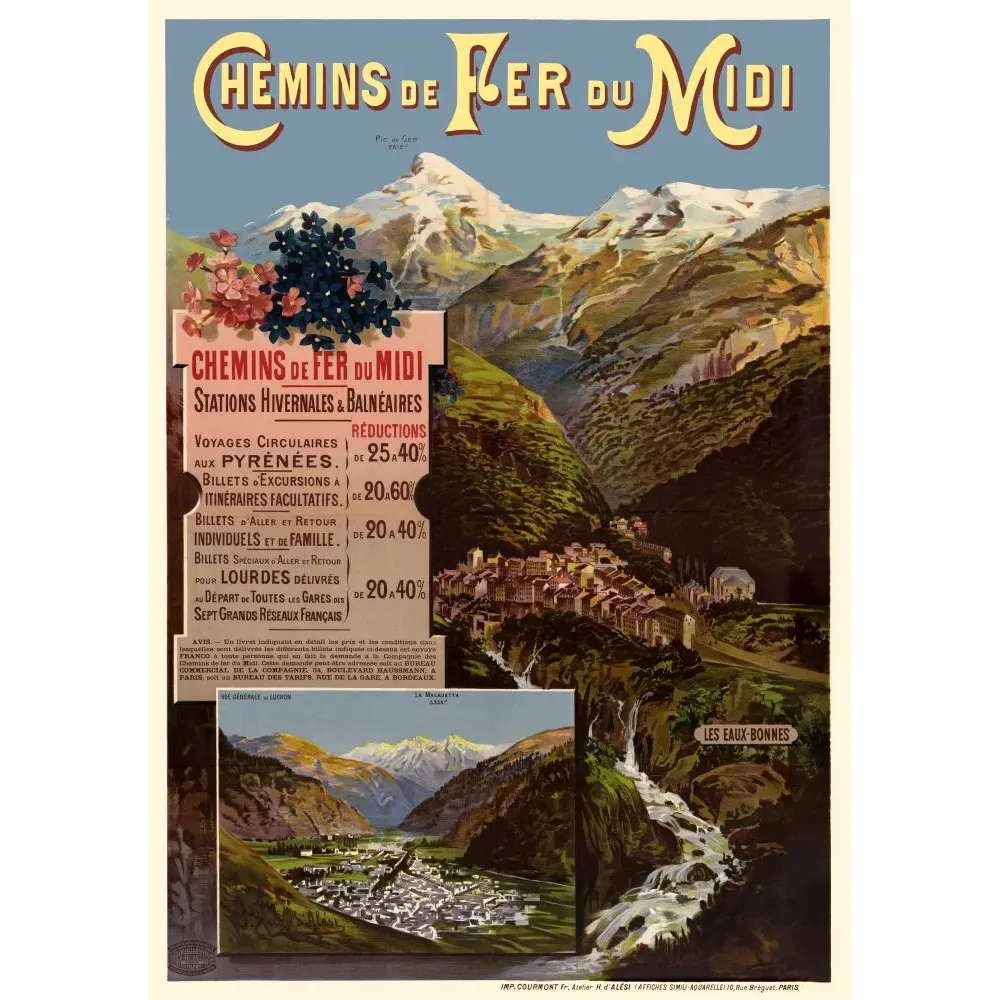 Affiche Chemins de Fer du Midi Pyrénées F. Hugo d'Alési Pic de Ger Eaux-Bonnes Luchon aquarelle Affiche Chemins de Fer du Midi Pyrénées F. Hugo d'Alési Pic de Ger Eaux-Bonnes Luchon aquarelle