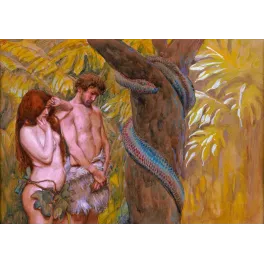 Peinture symboliste Adam Ève Jardin d'Éden serpent écailles colorées végétation tropicale jaune dorée