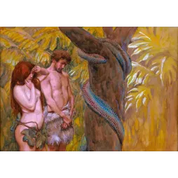 Peinture symboliste Adam Ève Jardin d'Éden serpent écailles colorées végétation tropicale jaune dorée