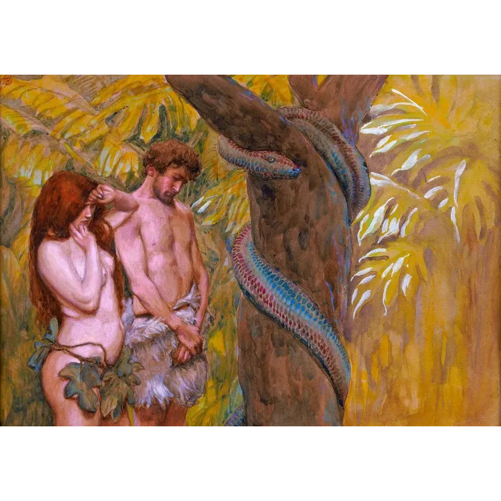 Peinture symboliste Adam Ève Jardin d'Éden serpent écailles colorées végétation tropicale jaune dorée