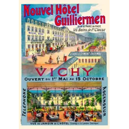 Affiche publicité Nouvel Hôtel Guilliermen Vichy établissement thermal jardin éclairage électrique Belle Époque
