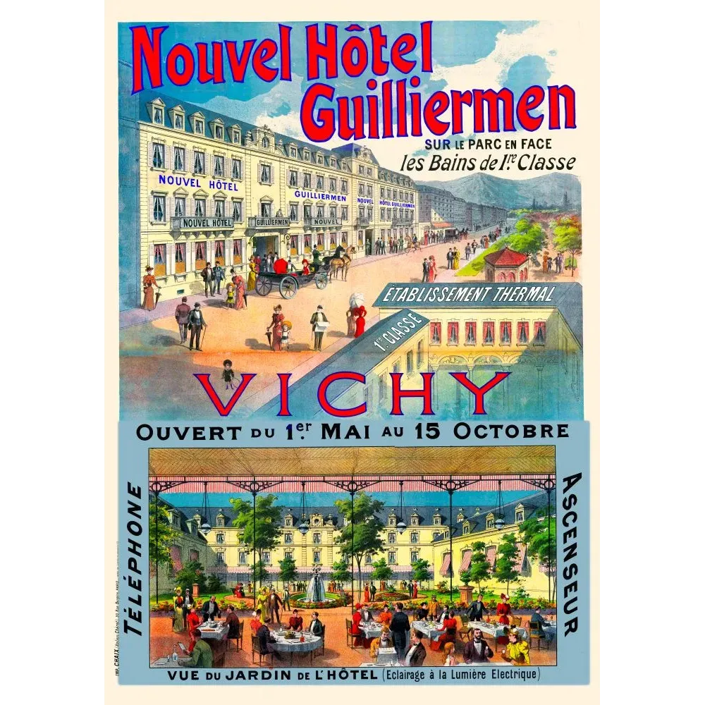 Affiche publicité Nouvel Hôtel Guilliermen Vichy établissement thermal jardin éclairage électrique Belle Époque