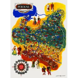 Carte illustrée Pologne Atelier Mineur costumes folkloriques régionaux monuments villes fleuves rose des vents blasons