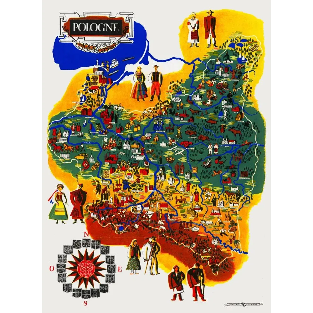 Carte illustrée Pologne Atelier Mineur costumes folkloriques régionaux monuments villes fleuves rose des vents blasons Carte illustrée Pologne Atelier Mineur costumes folkloriques régionaux monuments villes fleuves rose des vents blasons