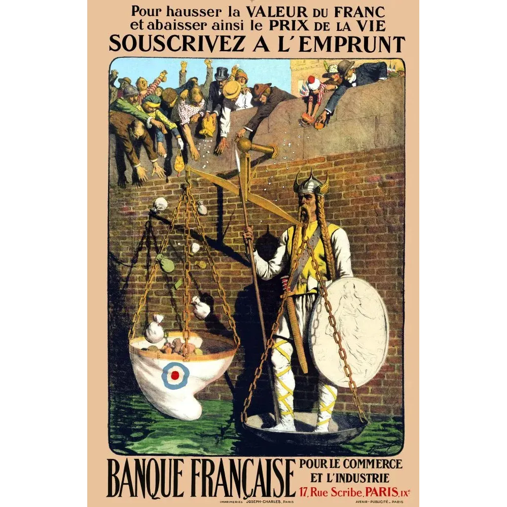 Affiche Banque Française Commerce Industrie Paris emprunt gaulois casqué balance bouclier Marianne foule Affiche Banque Française Commerce Industrie Paris emprunt gaulois casqué balance bouclier Marianne foule