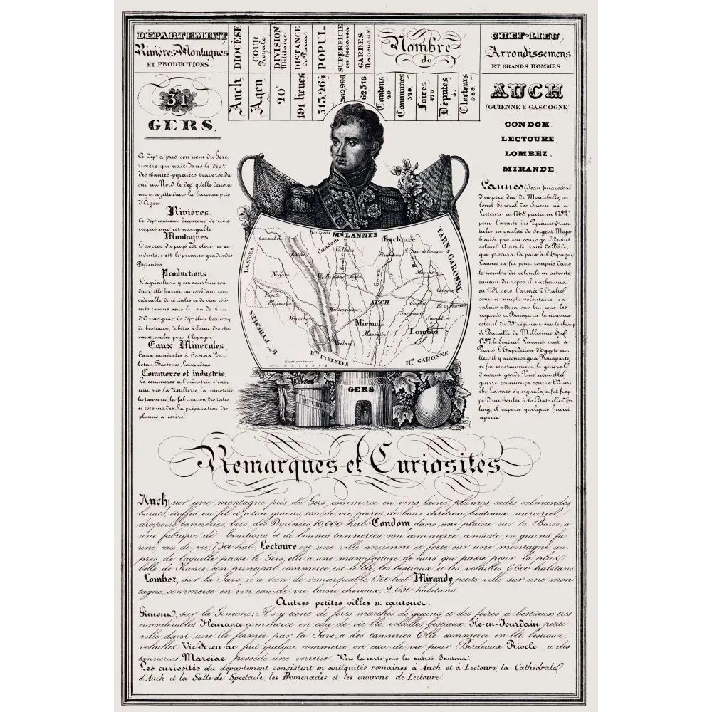 Document statistique département Gers n°31 Auch portrait maréchal Lannes carte Gascogne XIXe siècle