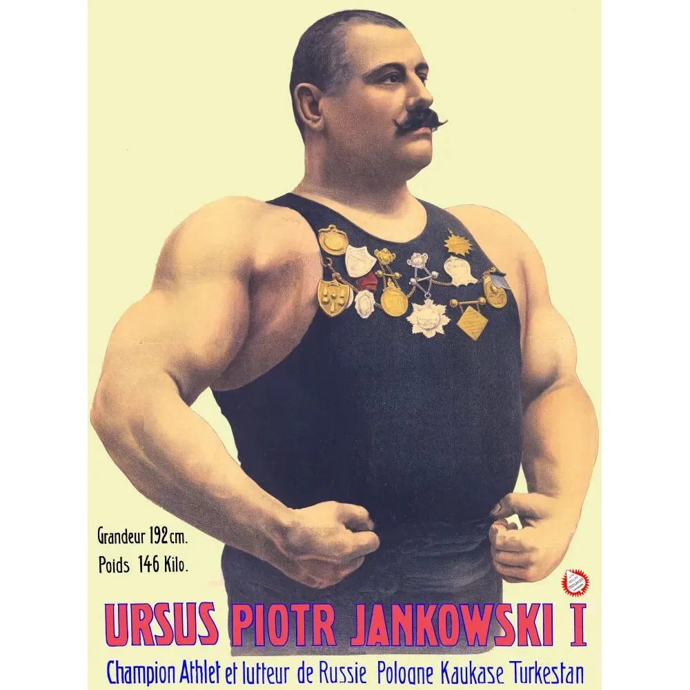 Affiche spectacle Ursus Piotr Jankowski champion lutteur Russie Pologne 192cm médailles cirque Belle Époque Affiche spectacle Ursus Piotr Jankowski champion lutteur Russie Pologne 192cm médailles cirque Belle Époque