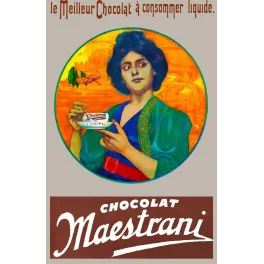 Affiche publicité Chocolat Maestrani femme robe bleue verte tasse médaillon circulaire orangé Art Nouveau
