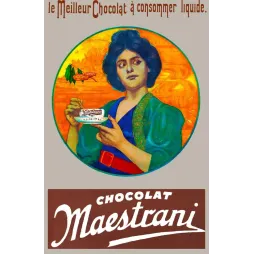 Affiche publicité Chocolat Maestrani femme robe bleue verte tasse médaillon circulaire orangé Art Nouveau