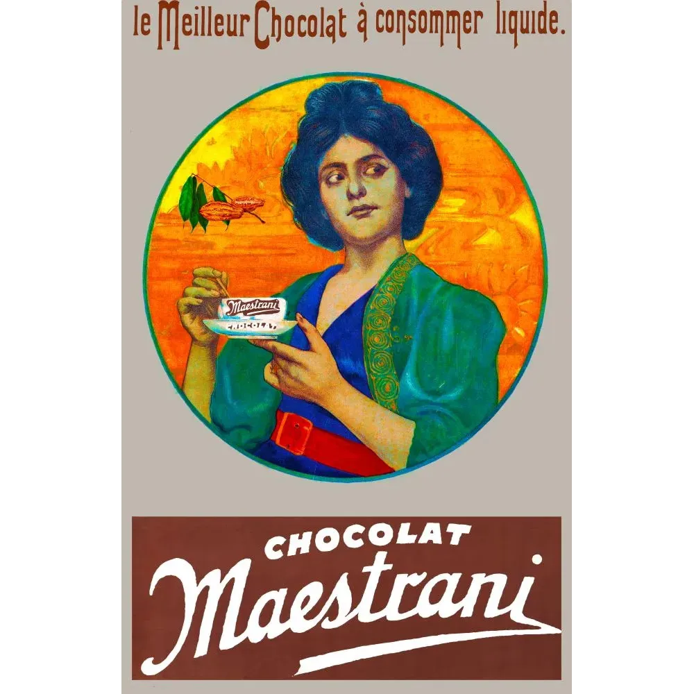 Affiche publicité Chocolat Maestrani femme robe bleue verte tasse médaillon circulaire orangé Art Nouveau Affiche publicité Chocolat Maestrani femme robe bleue verte tasse médaillon circulaire orangé Art Nouveau