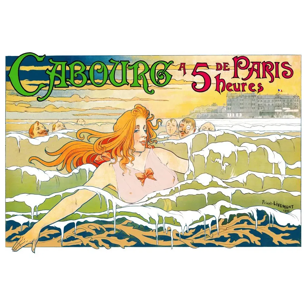 Affiche Cabourg 5 heures de Paris Privat-Livemont 1896 baigneuse rousse vagues Grand Hôtel Art Nouveau Affiche Cabourg 5 heures de Paris Privat-Livemont 1896 baigneuse rousse vagues Grand Hôtel Art Nouveau