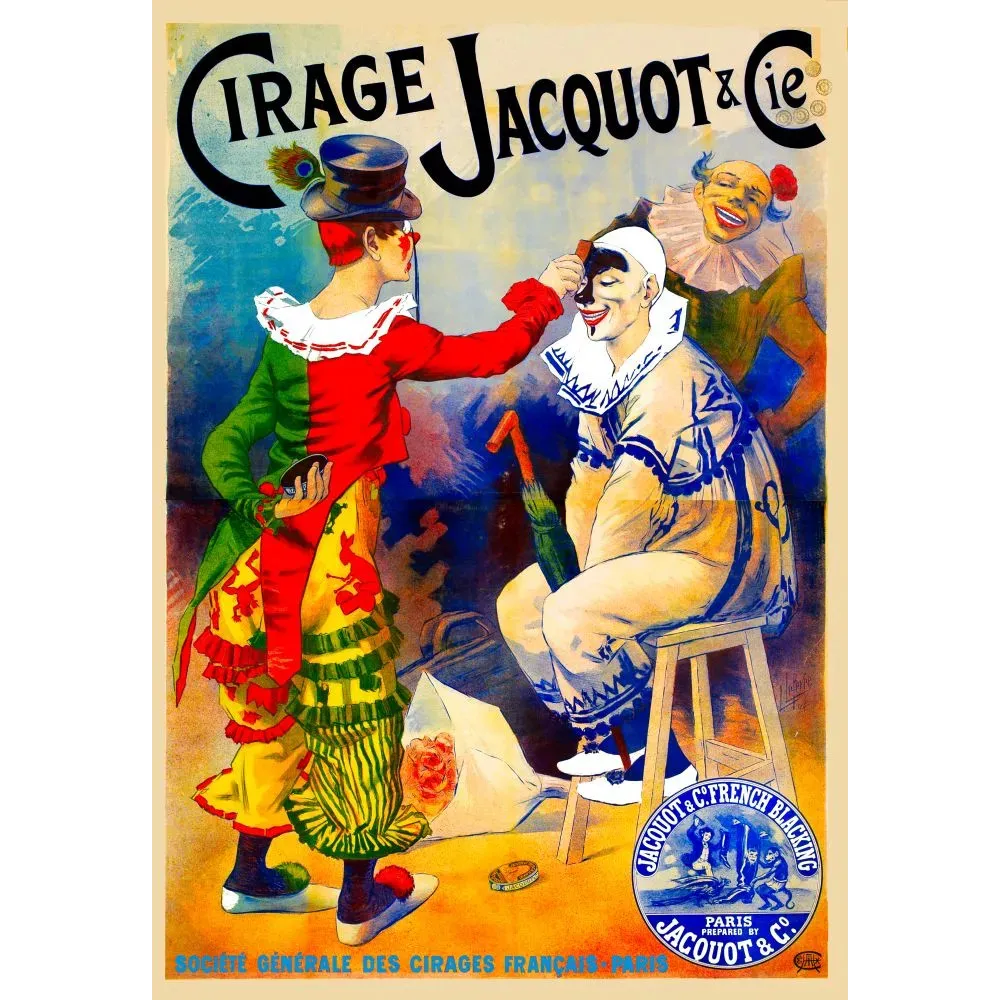 Affiche publicité Cirage Jacquot & Cie Paris Colombine Pierrot Arlequin carnaval cirage scène comique Affiche publicité Cirage Jacquot & Cie Paris Colombine Pierrot Arlequin carnaval cirage scène comique