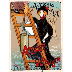 Affiche Atelier Paul Verdussen Bruxelles V. Mignot femme manteau noir échelle afficheur Art Nouveau