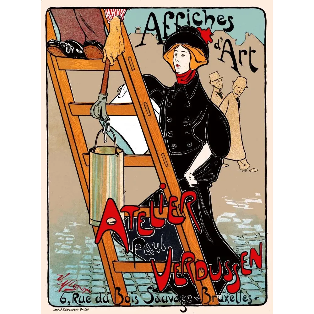 Affiche Atelier Paul Verdussen Bruxelles V. Mignot femme manteau noir échelle afficheur Art Nouveau Affiche Atelier Paul Verdussen Bruxelles V. Mignot femme manteau noir échelle afficheur Art Nouveau