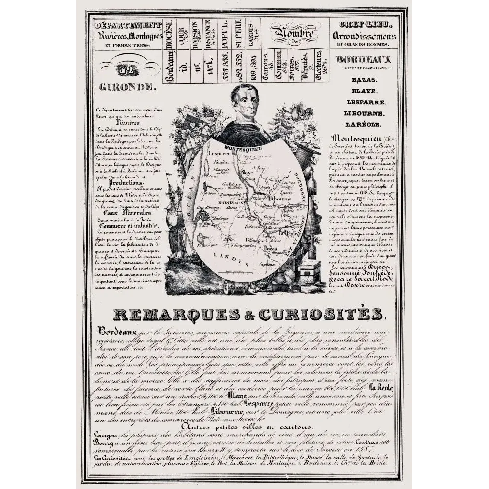 Document statistique département Gironde n°32 Bordeaux portrait Montesquieu carte Guyenne Gascogne XIXe siècle Document statistique département Gironde n°32 Bordeaux portrait Montesquieu carte Guyenne Gascogne XIXe siècle