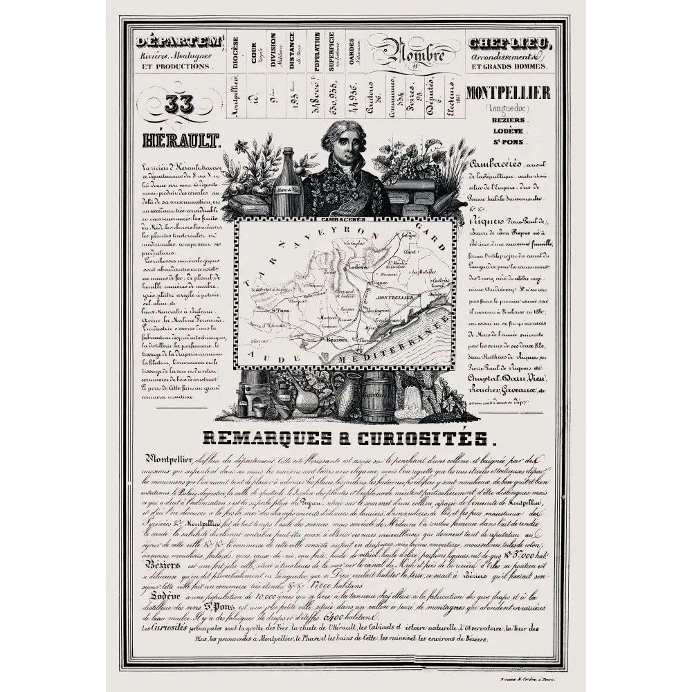 Document statistique département Hérault n°33 Montpellier portrait Cambacérès carte Languedoc méditerranéen XIXe Document statistique département Hérault n°33 Montpellier portrait Cambacérès carte Languedoc méditerranéen XIXe