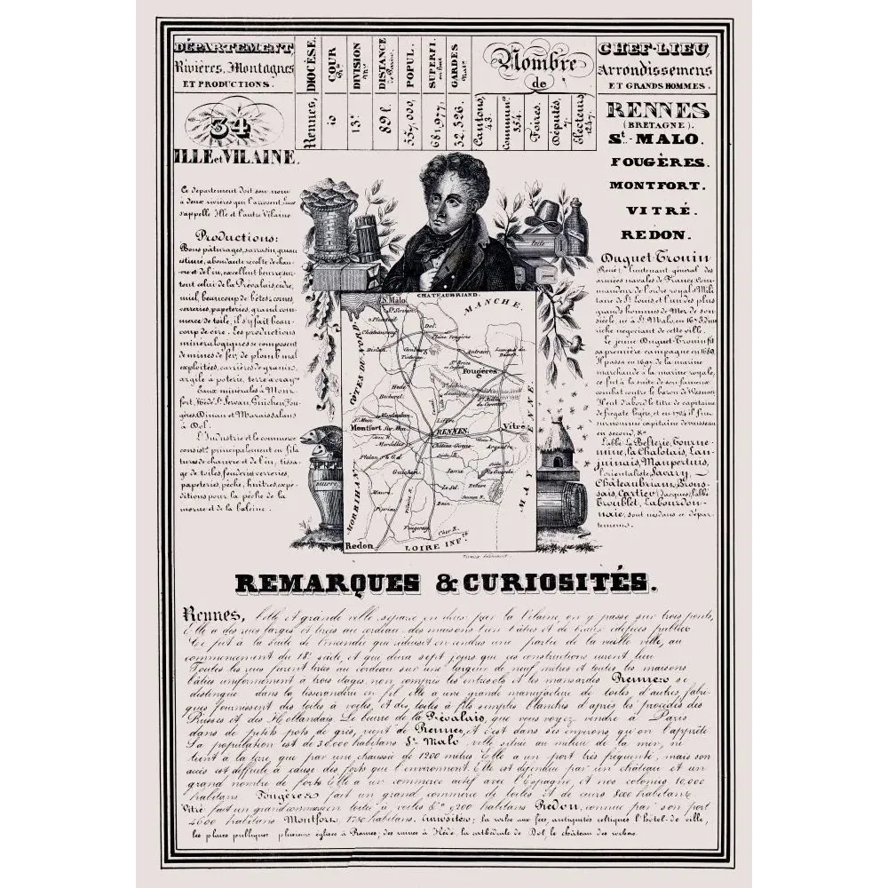 Document statistique département Ille-et-Vilaine n°34 Rennes portrait Chateaubriand carte Bretagne XIXe siècle Document statistique département Ille-et-Vilaine n°34 Rennes portrait Chateaubriand carte Bretagne XIXe siècle