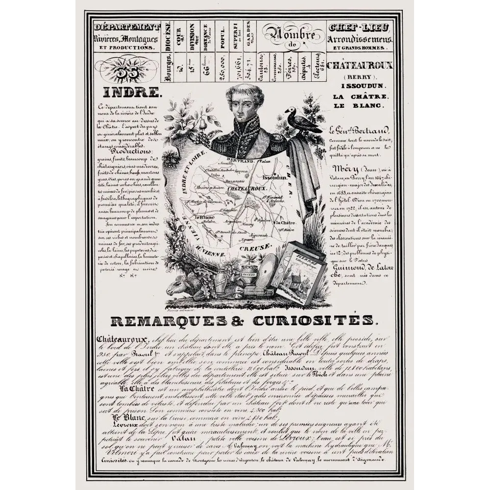 Document statistique département Indre n°35 Châteauroux portrait Général Bertrand carte Berry XIXe siècle