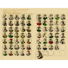 Planche Portraits Rois de France médailles noir et blanc sépia Pharamond Mérovingiens Capétiens Louis XIV