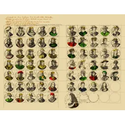 Planche Portraits Rois de France médailles noir et blanc sépia Pharamond Mérovingiens Capétiens Louis XIV