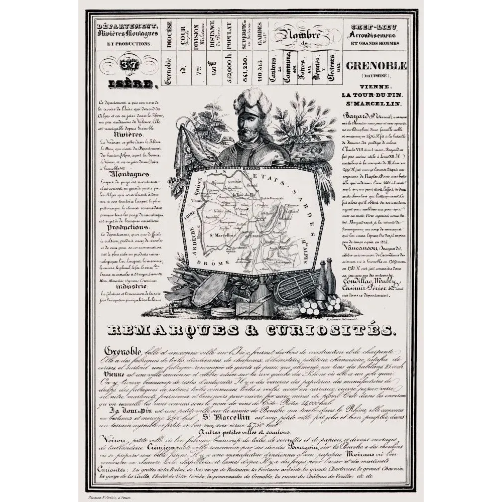 Document statistique département Isère n°37 Grenoble portrait chevalier Bayard carte Dauphiné XIXe siècle Document statistique département Isère n°37 Grenoble portrait chevalier Bayard carte Dauphiné XIXe siècle