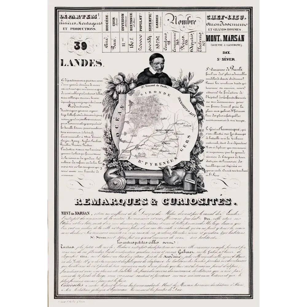 Document statistique département Landes n°39 Mont-de-Marsan portrait Saint Vincent de Paule carte Guyenne XIXe Document statistique département Landes n°39 Mont-de-Marsan portrait Saint Vincent de Paule carte Guyenne XIXe