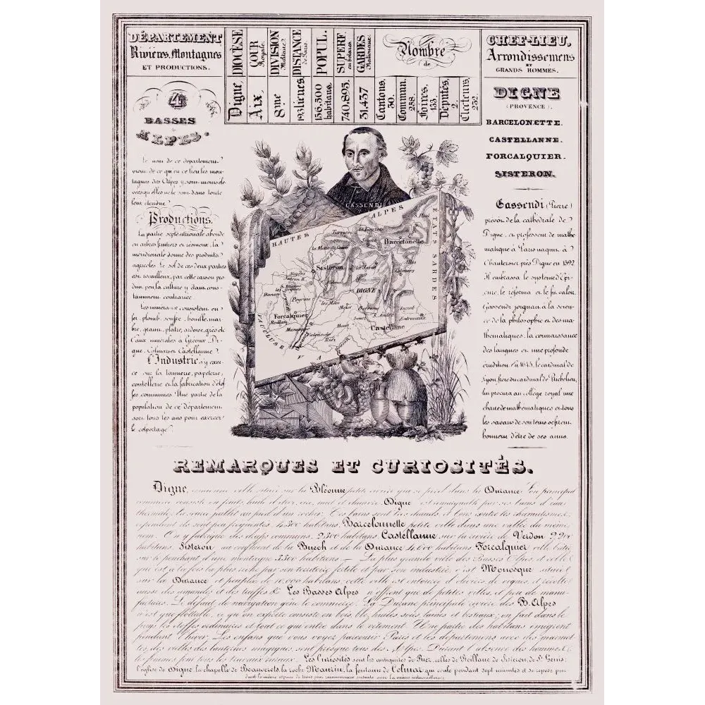 Document statistique département Basses-Alpes n°4 Digne portrait Gassendi carte Provence alpine XIXe siècle Document statistique département Basses-Alpes n°4 Digne portrait Gassendi carte Provence alpine XIXe siècle