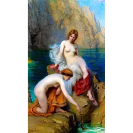 Peinture Herbert Draper deux figures mythiques nues rochers bord de mer bleue falaises préraphaélite victorien
