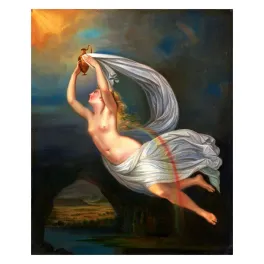 Peinture néoclassique Iris messagère dieux vol voile blanc aiguière dorée arc-en-ciel lumière céleste