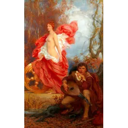 Peinture académique symboliste apparition déesse muse voile rouge luthiste bois automnal XIXe