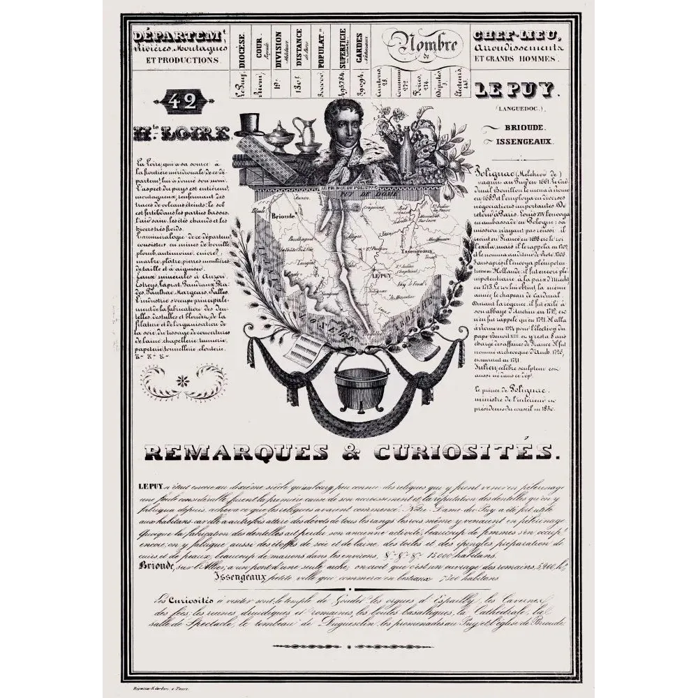 Document statistique département Haute-Loire n°42 Le Puy portrait cardinal Polignac carte Velay XIXe siècle Document statistique département Haute-Loire n°42 Le Puy portrait cardinal Polignac carte Velay XIXe siècle
