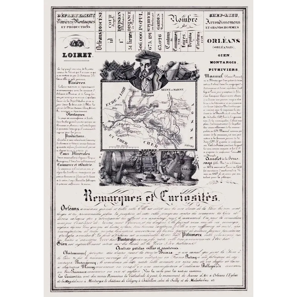Document statistique département Loiret n°44 Orléans portrait Manuel carte Orléanais Jeanne d'Arc XIXe Document statistique département Loiret n°44 Orléans portrait Manuel carte Orléanais Jeanne d'Arc XIXe