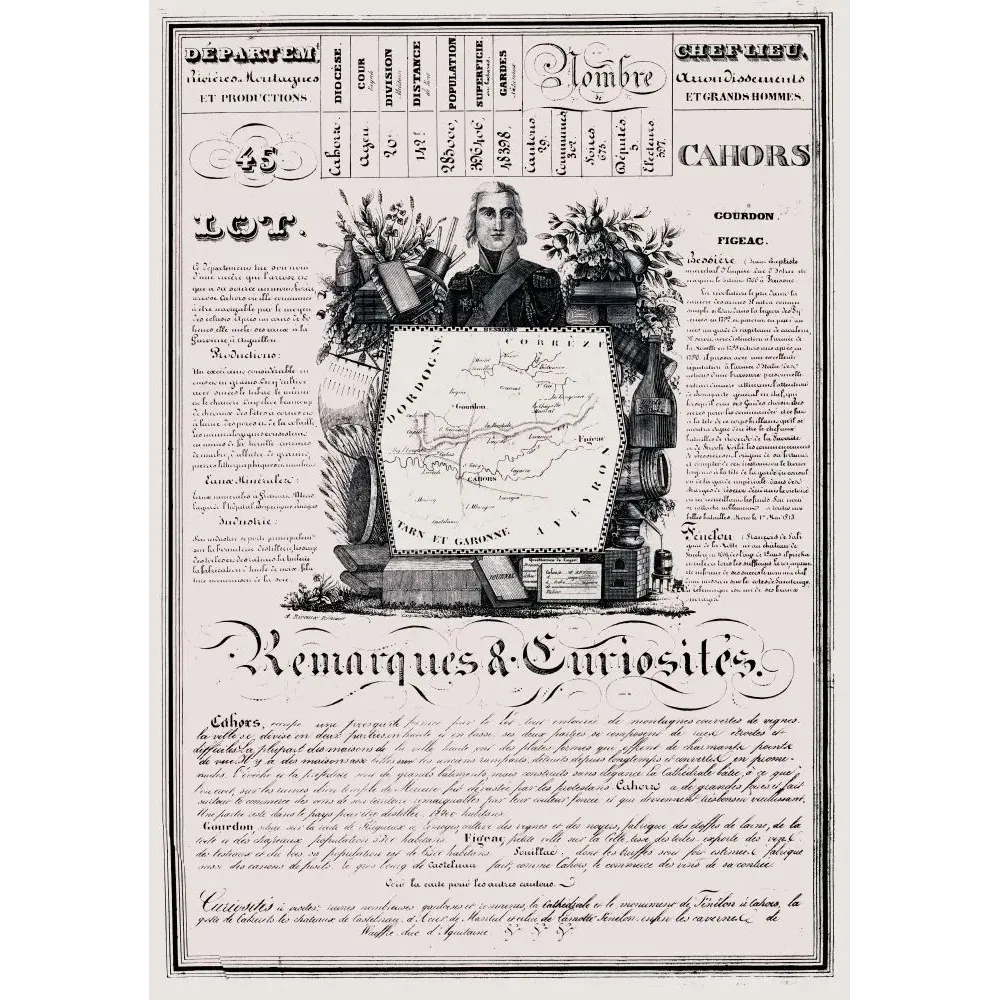 Document statistique département Lot n°45 Cahors portrait maréchal Bessières carte Quercy Fénelon XIXe siècle Document statistique département Lot n°45 Cahors portrait maréchal Bessières carte Quercy Fénelon XIXe siècle