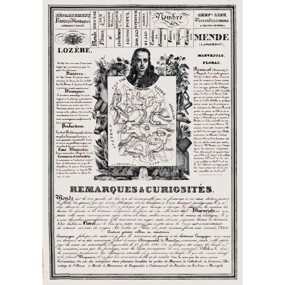Document statistique département Lozère n°47 Mende portrait Rivarol carte Cévennes Gévaudan XIXe siècle Document statistique département Lozère n°47 Mende portrait Rivarol carte Cévennes Gévaudan XIXe siècle
