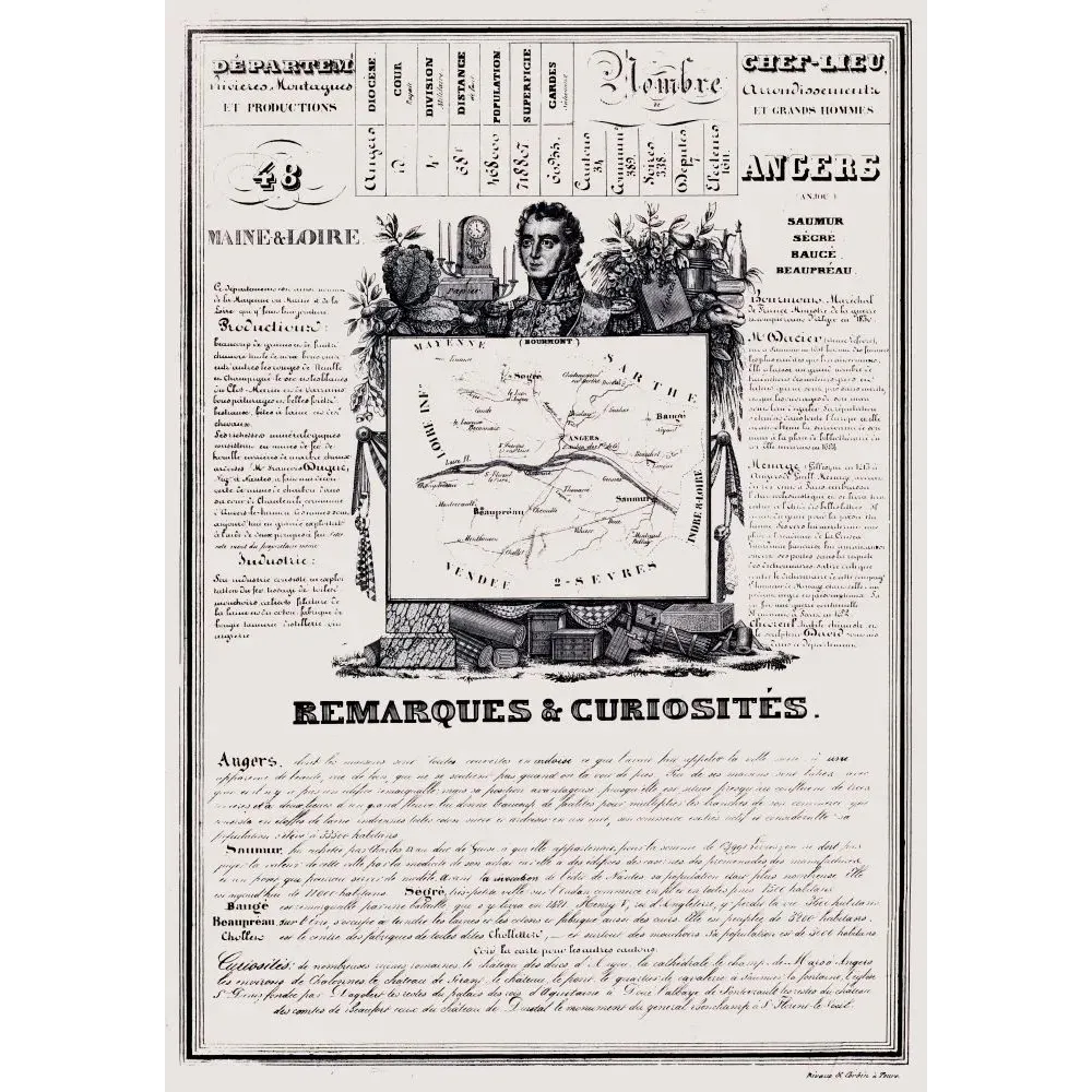 Document statistique département Maine-et-Loire n°48 Angers portrait maréchal Bourmont carte Anjou XIXe siècle Document statistique département Maine-et-Loire n°48 Angers portrait maréchal Bourmont carte Anjou XIXe siècle