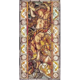 Panneau vitrail Art Nouveau guerrier héros mythologique cheveux roux drapé ocre bordeaux rosaces florales