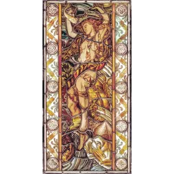 Panneau vitrail Art Nouveau guerrier héros mythologique cheveux roux drapé ocre bordeaux rosaces florales